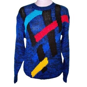 Women’s Vintage 80s Bold Abstract Geometric Knit Sweater Art Deco Colorblock Med